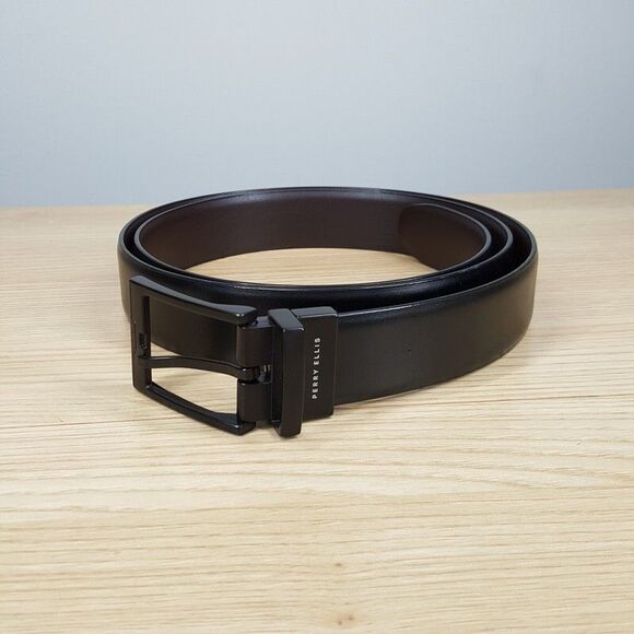PERRY ELLIS Mens Belt Size 42 Black Brown Bonded Leather Reversible - Picture 1 of 5